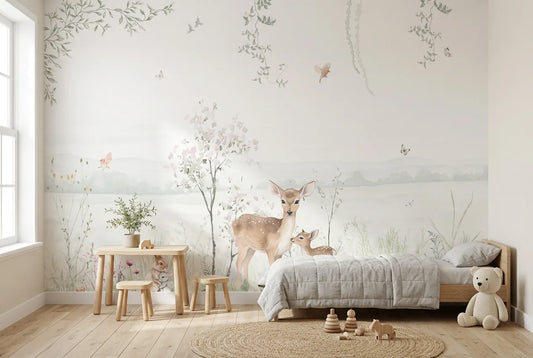 Papel tapiz Bosque Bambi instalado en una habitación infantil
