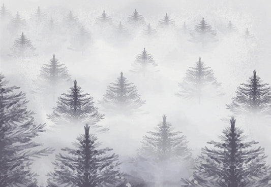 Papel tapiz con diseño artístico de bosque de pinos entre niebla en tonos grises y blanco.