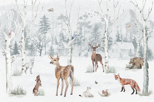 Papel tapiz infantil con diseño mural de bosque nevado, ciervos, zorros y conejos en acuarela.