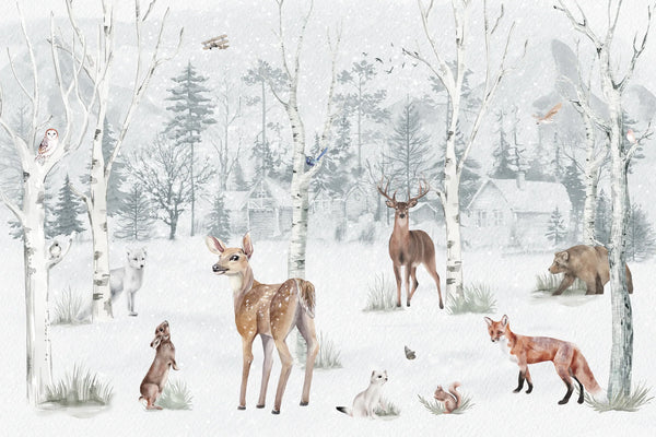Papel tapiz infantil con diseño mural de bosque nevado, ciervos, zorros y conejos en acuarela.