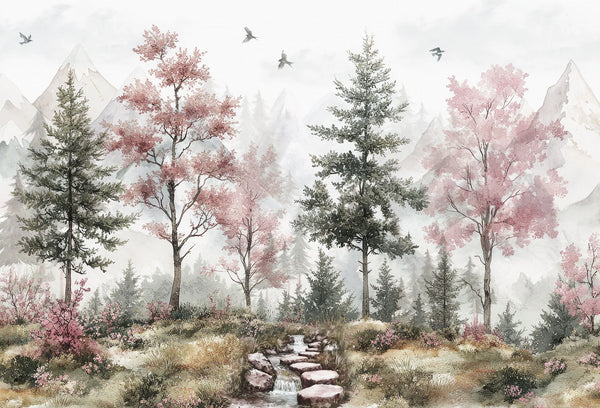 Papel tapiz con paisaje de bosque montañoso en acuarela con pinos, árboles rosas y riachuelo.