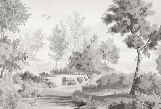 Papel tapiz mural con paisaje clásico de bosque y lago en tonos de grisalla monocromática
