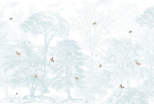 Papel tapiz mural con ilustración vintage de bosque de árboles y mariposas en tonos azul cian y blanco.