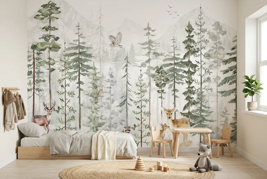 Papel tapiz Bosque Coníferas instalado en una habitación infantil