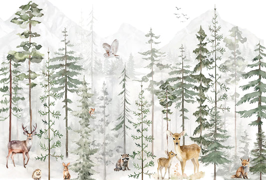 Papel tapiz mural infantil con bosque de coníferas en acuarela verde salvia y animales del bosque como ciervos y zorros.