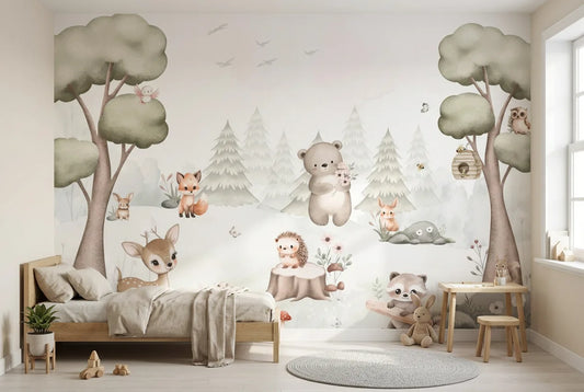 Papel tapiz Bosque Daji instalado en una habitación infantil
