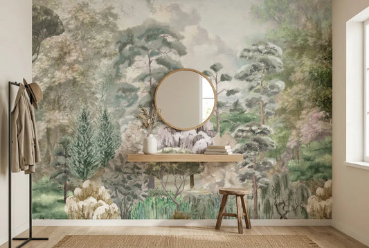 Papel tapiz Bosque de Bruma instalado en un recibidor de estilo nórdico