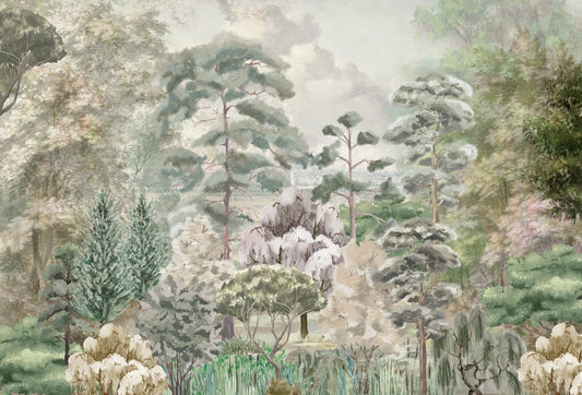 Papel tapiz con diseño de bosque clásico pintado en tonos verde salvia, crema y rosa pálido con árboles y neblina.