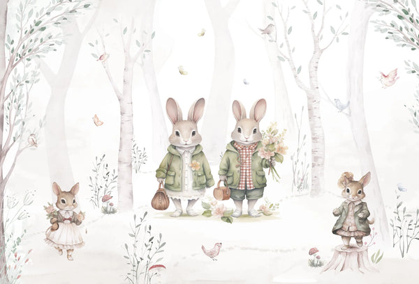 Papel tapiz infantil con tierna familia de conejos vestidos en un bosque de acuarela en tonos beige y verde salvia.