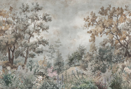 Papel tapiz mural con paisaje de bosque otoñal en tonos verde salvia, beige y árboles pintados al óleo.