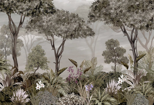 Papel tapiz mural con paisaje de bosque brumoso, árboles frondosos y flores silvestres en tonos neutros y verde suave.