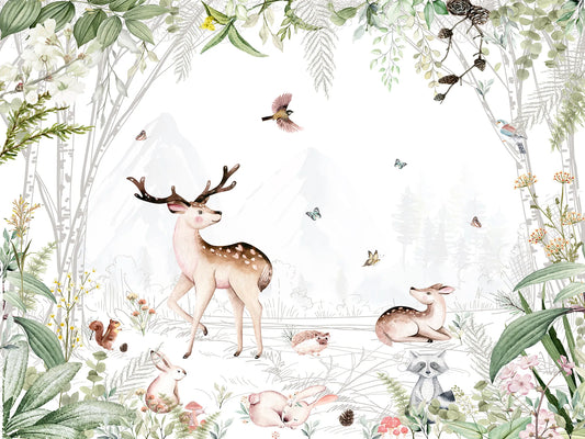 Papel tapiz mural infantil con ciervos, conejos y plantas en acuarela verde salvia y beige