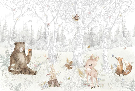 Papel tapiz mural infantil con bosque ilustrado en gris y animales tiernos como oso, ciervo y zorro