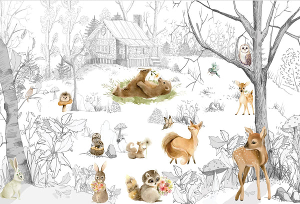 Papel tapiz infantil con animales en acuarela como oso, zorro y venado frente a un bosque dibujado a lápiz gris.