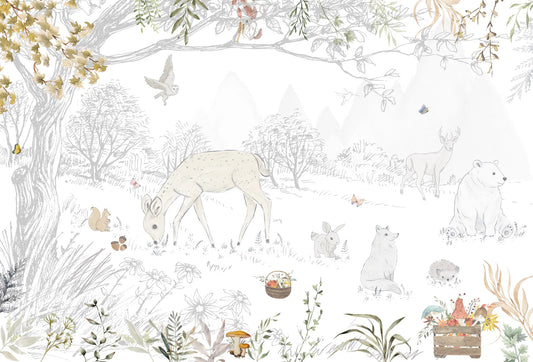Papel tapiz mural infantil con dibujo de ciervo, oso, zorro y vegetación de bosque en tonos suaves y grises.