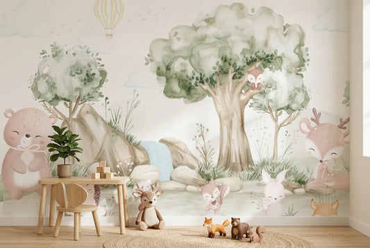 Papel tapiz Bosque Feliz instalado en una habitación infantil