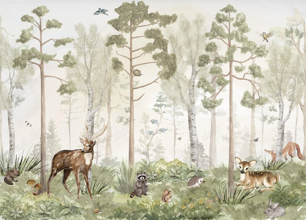 Papel tapiz mural infantil con bosque en acuarela, ciervos, mapache y conejos en tonos verde salvia y beige.