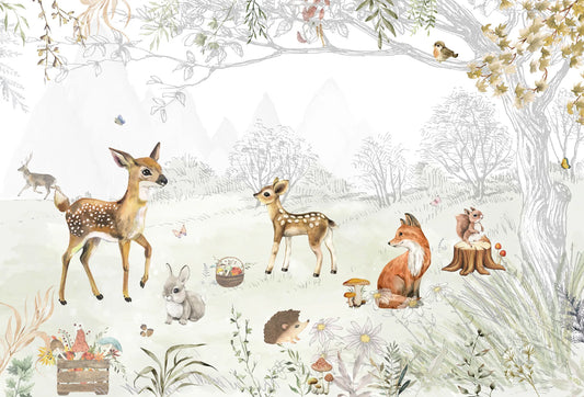 Papel tapiz mural infantil con tiernos animalitos del bosque como ciervos, zorro y conejo en tonos beige y verde.