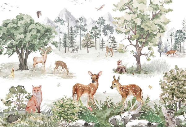 Papel tapiz mural infantil con tiernos ciervos, zorros y árboles de bosque en técnica de acuarela y tonos verdes suaves.