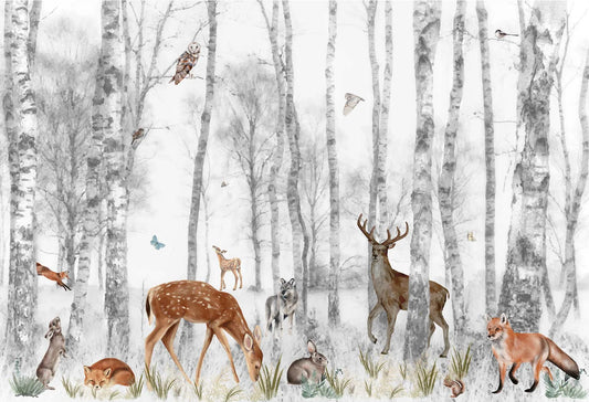 Papel tapiz mural infantil con bosque de abedules y animales como ciervos, zorros y conejos