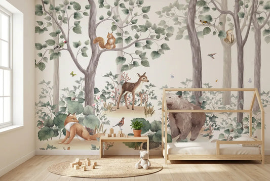 Papel tapiz Bosque Natural Baby instalado en una habitación infantil