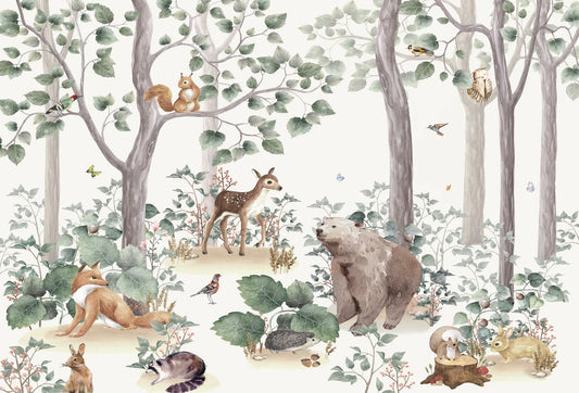 Papel tapiz con ilustración de animales del bosque como ciervo, oso y zorro en tonos verde salvia y beige.