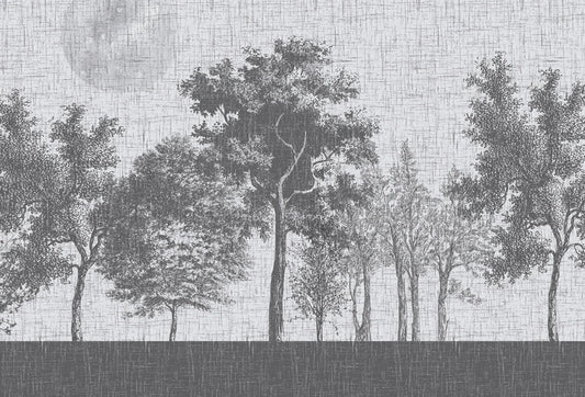 Papel tapiz con grabado botánico de árboles en tonos grises sobre fondo con textura de lino.