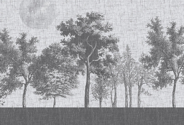 Papel tapiz con grabado botánico de árboles en tonos grises sobre fondo con textura de lino.