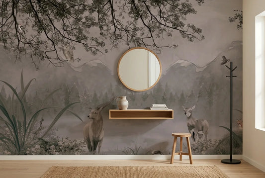 Papel tapiz Bosque Patagonia instalado en un recibidor de estilo nórdico