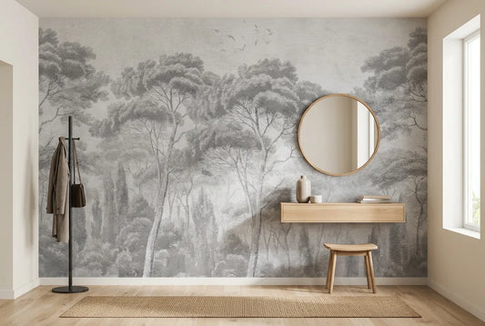 Papel tapiz Bosque Quebec Exclusive Art instalado en un recibidor de estilo nórdico