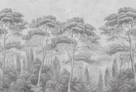 Papel tapiz mural con paisaje de bosque artístico en escala de grises y textura clásica de fresco.