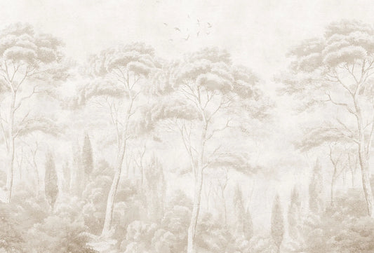 Papel tapiz mural con paisaje ilustrado de bosque etéreo y árboles en tonos beige y arena.
