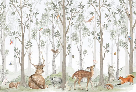 Papel tapiz mural infantil con acuarela de animales del bosque, ciervos, zorros y árboles en verde y marrón