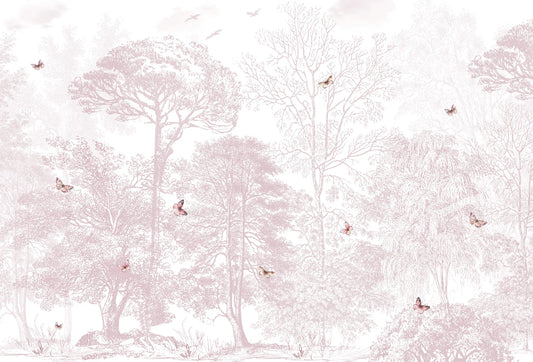 Papel tapiz mural infantil con paisaje de árboles y mariposas en tono rosa empolvado vintage.