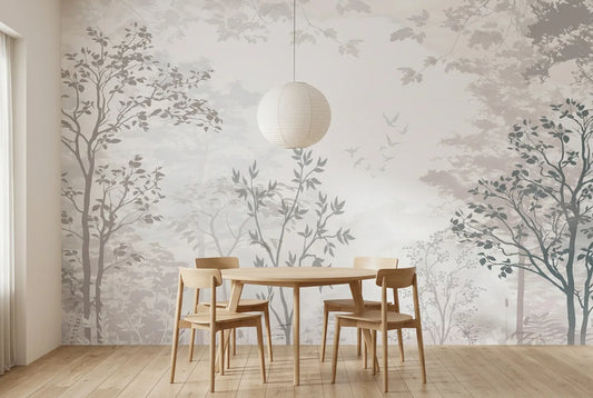 Papel tapiz Bosque Sereno instalado en un comedor luminoso