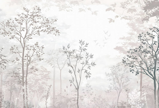 Papel tapiz mural con paisaje de bosque brumoso y siluetas de árboles en tonos gris perla y beige