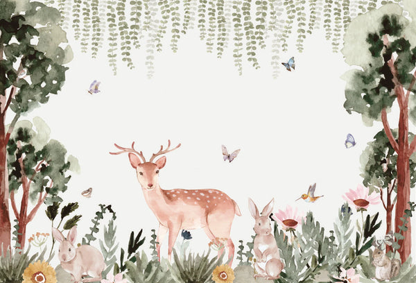 Papel tapiz mural infantil con ciervo, conejos y árboles en acuarela verde y beige