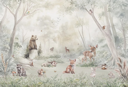 Papel tapiz mural infantil con tiernos animales del bosque en tonos verdes y tierra