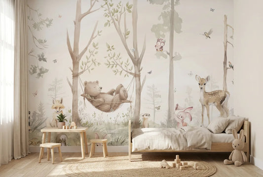 Papel tapiz Bosque Tierno instalado en una habitación infantil