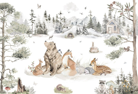 Papel tapiz mural infantil con animales del bosque en acuarela, pinos y cabaña