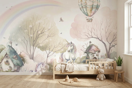 Papel tapiz Bosque Unicornio instalado en una habitación infantil