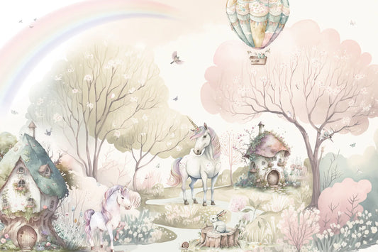 Papel tapiz mural infantil con unicornios, arcoíris, globo aerostático y casitas de cuento en tonos pastel.