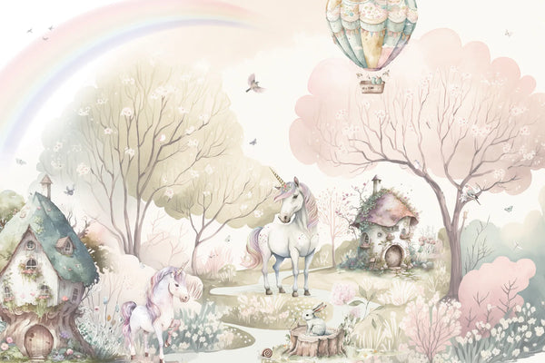 Papel tapiz mural infantil con unicornios, arcoíris, globo aerostático y casitas de cuento en tonos pastel.