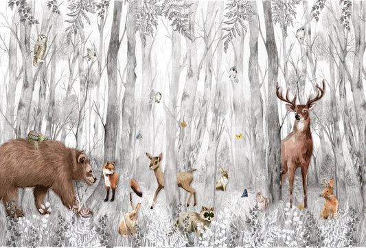 Papel tapiz mural infantil con bosque en escala de grises y animales silvestres como ciervo y oso
