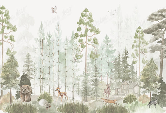 Papel tapiz mural infantil con ilustración de bosque de pinos, oso, ciervo y zorro en tonos verde salvia y beige.