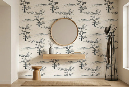 Papel tapiz Bosque Zen instalado en un recibidor de estilo nórdico