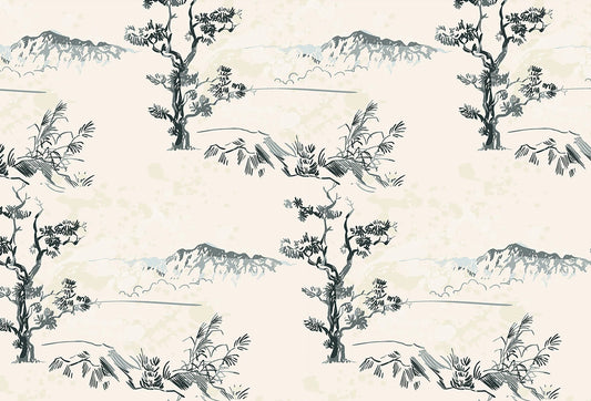 Papel tapiz con diseño de pinos y montañas estilo tinta oriental sobre fondo beige