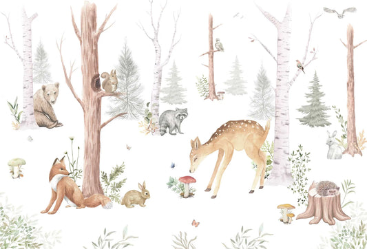 Papel tapiz mural infantil con animales del bosque como venado, zorro y oso en acuarela sobre abedules