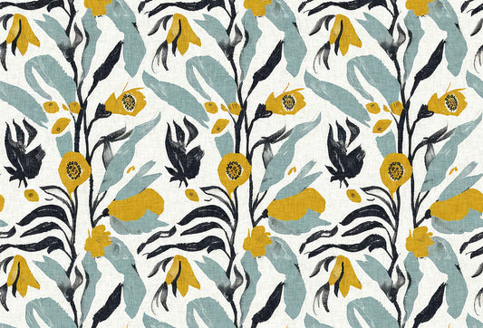 Papel tapiz con estampado botánico artístico de flores mostaza y follaje verde agua sobre fondo claro