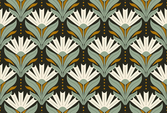 Papel tapiz con patrón floral Art Déco en tonos verde salvia, mostaza y fondo carbón.